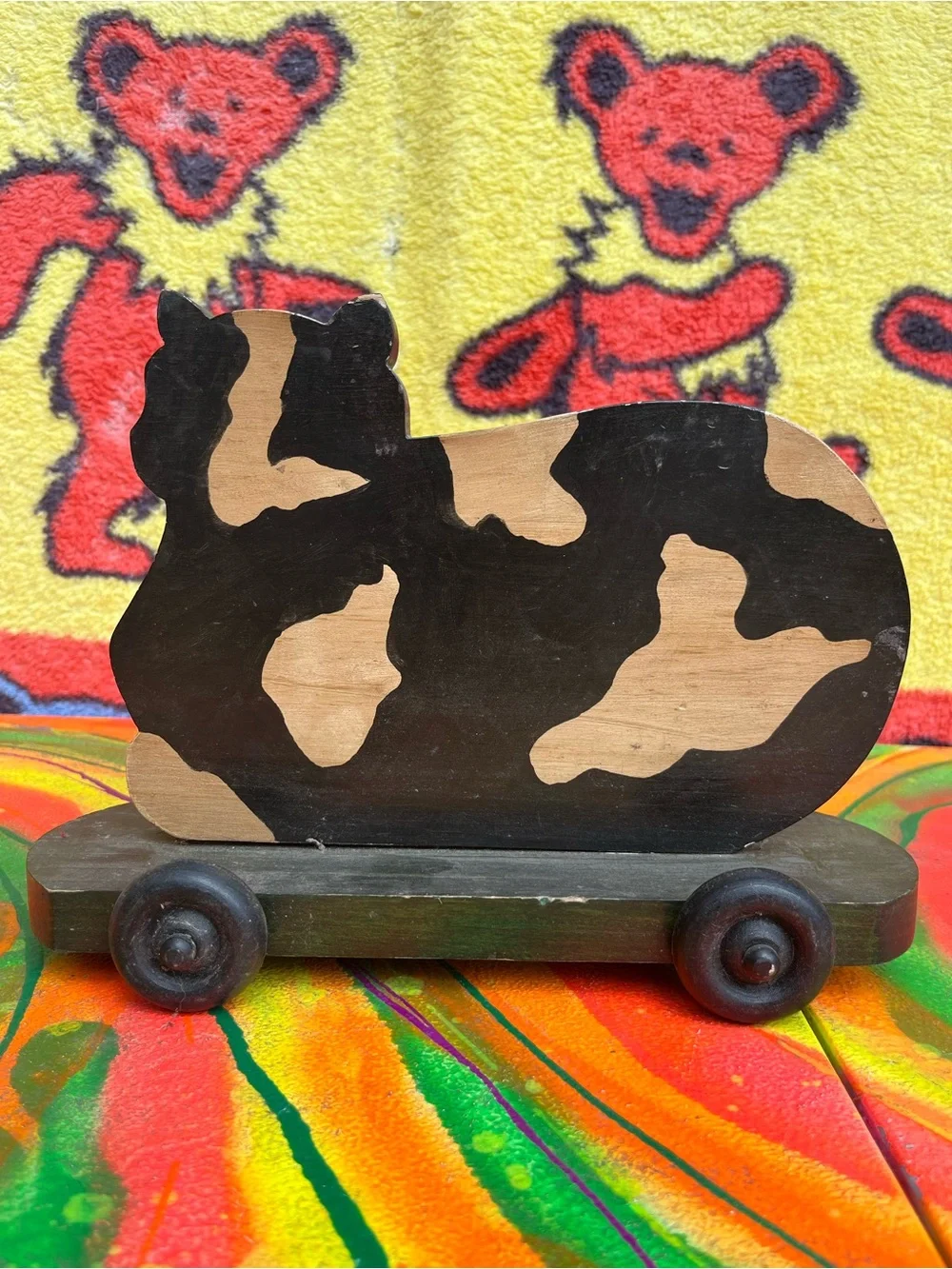 Handcrafted Wooden Cat skateboard Pull Toy - Black and Natural